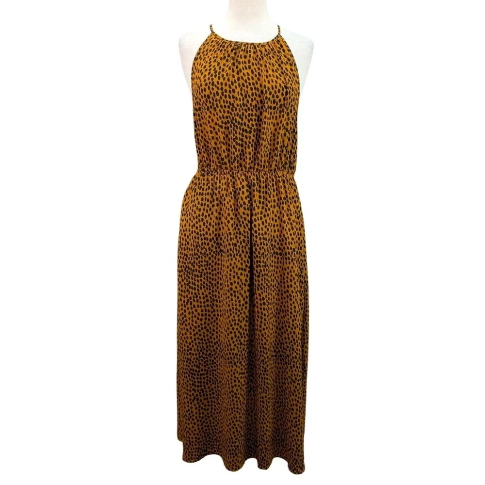 J. Crew Leopard Printed Maxi Dress Womens Size 8 Keyhole Boho Back Elastic Waist